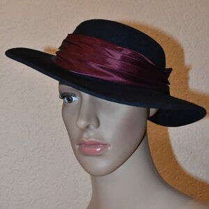 Vintage Black Hat with Burgundy ribbon 100% wool from England